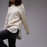 Topshop Knitted Lofty Cable Relaxed Jumper in Ivory