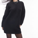 Topshop Knitted Oversized Crew Mini Dress with Exposed Seam Detail in Black