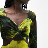 Topshop Mesh Occasion Cut Out Midi Dress in Blurred Floral Print