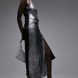Topshop Metallic Halter Neck Midi Dress With Ruched Side In Silver