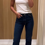 Topshop Mid Rise Straight Cropped Jean With Raw Hems In Blue Black