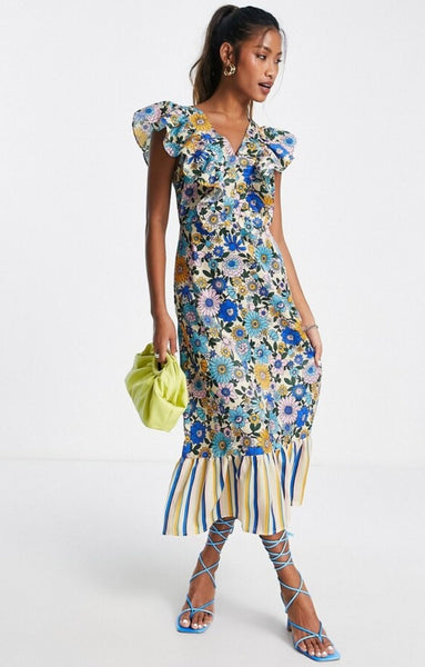 topshop mix spotted midi dress Rent Topshop Mix And Match Stripe And Floral Midi Dress In Multi