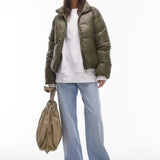 Topshop Puffer Bomber Jacket in Mossy Green