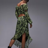 Topshop Raw Edge Ruffle Midi Skirt In Green Floral