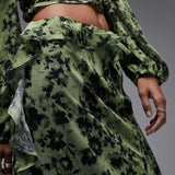 Topshop Raw Edge Ruffle Midi Skirt In Green Floral