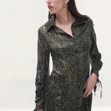 Topshop Ruched Sleeve Mini Shirt Dress In Green Animal Print