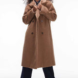 Topshop Wool Look Double Breasted Brushed Coat in Camel