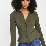 Topshop Slim Fit Open Collar Shirt In Khaki