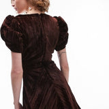 Topshop Crushed Velvet Mini Tea Dress In Chocolate