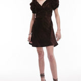 Topshop Crushed Velvet Mini Tea Dress In Chocolate