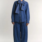 Glamorous True Blue Pussy Bow Denim Blouse