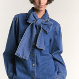 Glamorous True Blue Pussy Bow Denim Blouse