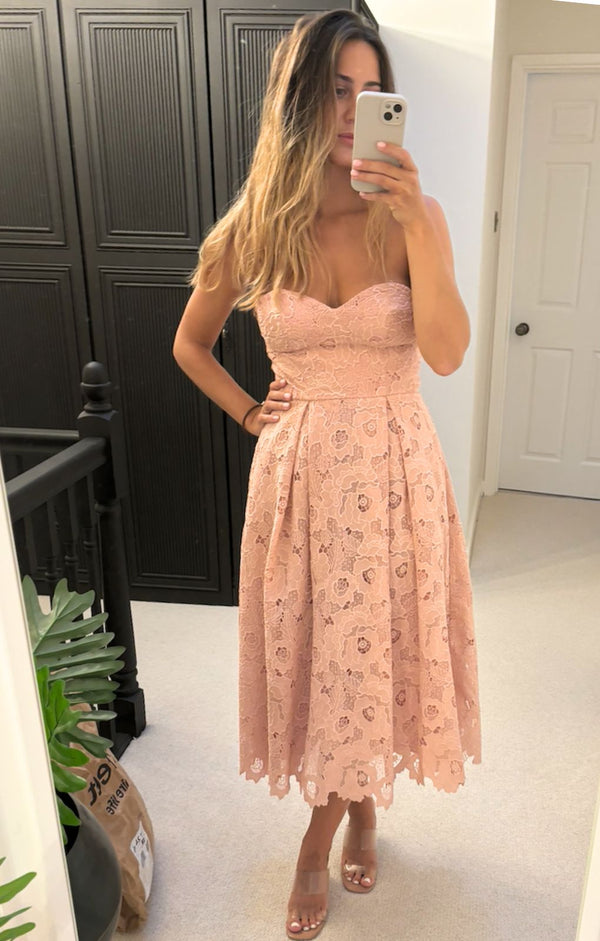 True Decadence Colette Pink Cutwork Bandeau Midi Dress