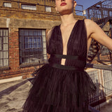 True Decadence Eliza Black Plunge Tiered Tulle Maxi Dress