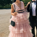True Decadence Eliza Soft Pink Plunge Tiered Tulle Maxi Dress