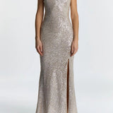True Decadence Pippa Sequin Cowl Neck Front Split Slip Dress - Champagne