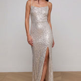True Decadence Pippa Sequin Cowl Neck Front Split Slip Dress - Champagne