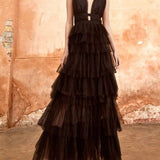 True Decadence Eliza Plunge Neck Layered Tulle Maxi Gown - Black