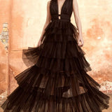 True Decadence Eliza Plunge Neck Layered Tulle Maxi Gown - Black