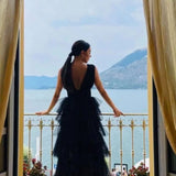 True Decadence Eliza Plunge Neck Layered Tulle Maxi Gown - Black