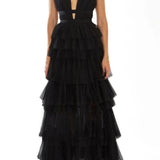 True Decadence Eliza Plunge Neck Layered Tulle Maxi Gown - Black