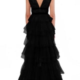 True Decadence Eliza Plunge Neck Layered Tulle Maxi Gown - Black