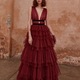 True Decadence Eliza Plunge Neck Layered Tulle Maxi Gown - Burgundy