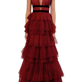 True Decadence Eliza Plunge Neck Layered Tulle Maxi Gown - Burgundy