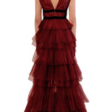 True Decadence Eliza Plunge Neck Layered Tulle Maxi Gown - Burgundy