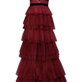 True Decadence Eliza Plunge Neck Layered Tulle Maxi Gown - Burgundy