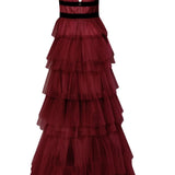 True Decadence Eliza Plunge Neck Layered Tulle Maxi Gown - Burgundy