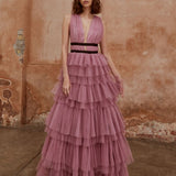 True Decadence Eliza Plunge Neck Layered Tulle Maxi Gown - Dark Pink