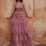 True Decadence Eliza Plunge Neck Layered Tulle Maxi Gown - Dark Pink