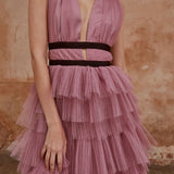 True Decadence Eliza Plunge Neck Layered Tulle Maxi Gown - Dark Pink