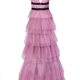 True Decadence Eliza Plunge Neck Layered Tulle Maxi Gown - Dark Pink