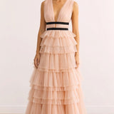 True Decadence Eliza Plunge Neck Layered Tulle Maxi Gown - Nude Peach