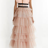 True Decadence Eliza Plunge Neck Layered Tulle Maxi Gown - Nude Peach