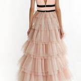 True Decadence Eliza Plunge Neck Layered Tulle Maxi Gown - Nude Peach