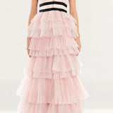 True Decadence Eliza Soft Pink Plunge Tiered Tulle Maxi Dress