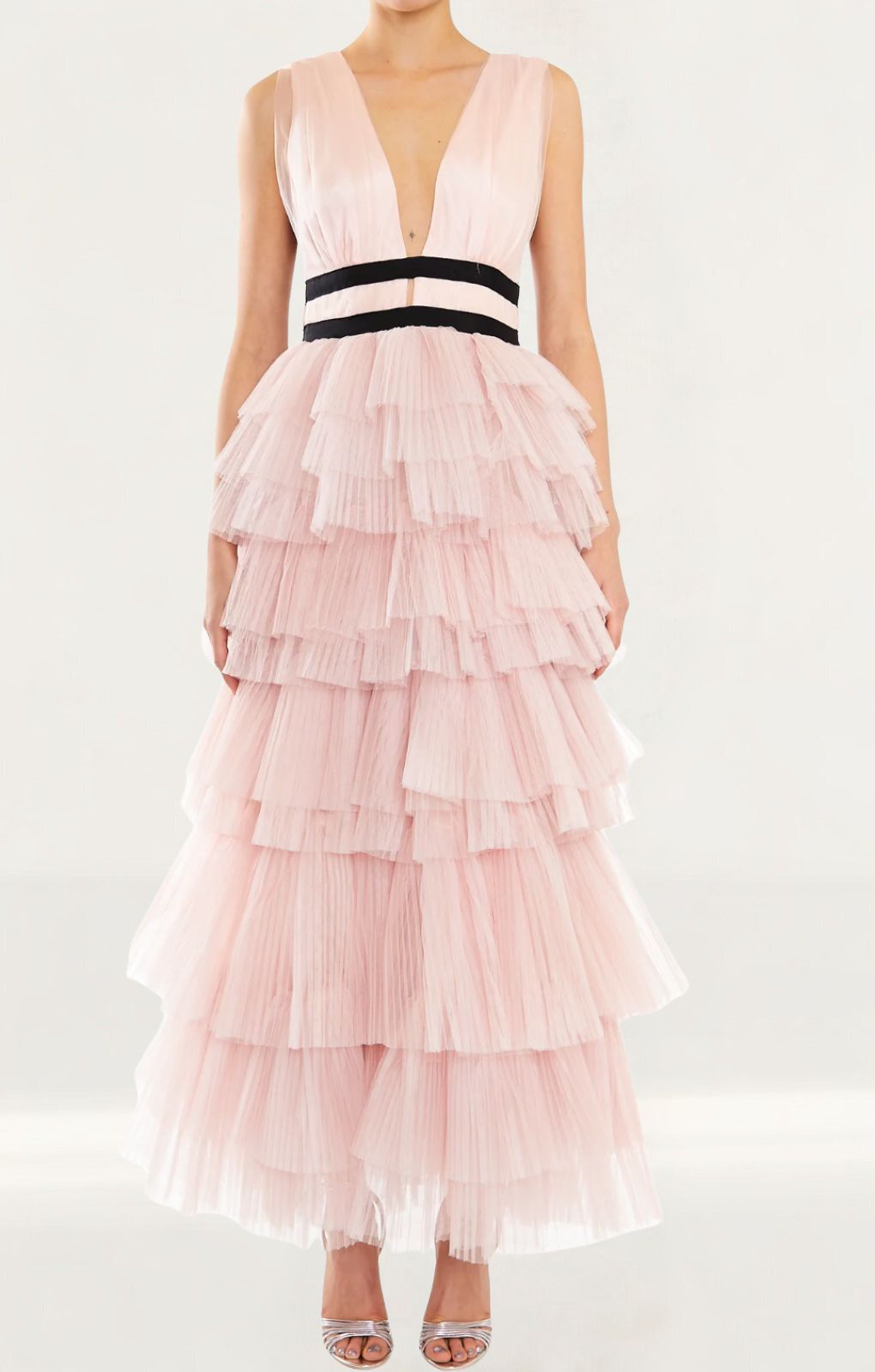 True Decadence Eliza Soft Pink Plunge Tiered Tulle Maxi Dress
