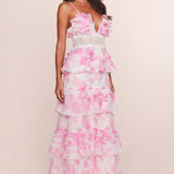 True Decadence Mila V-Neck Layered Ruffle Strappy Maxi Dress - Candy Pink Floral