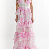 True Decadence Mila V-Neck Layered Ruffle Strappy Maxi Dress - Candy Pink Floral