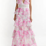 True Decadence Mila V-Neck Layered Ruffle Strappy Maxi Dress - Candy Pink Floral