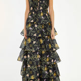True Decadence Nature-Floral Tiered Maxi-Dress - Black