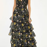 True Decadence Nature-Floral Tiered Maxi-Dress - Black