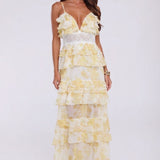 True Decadence Sophia Plunge Front Tiered Ruffle Maxi Dress - Yellow Watercolour Floral