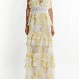 True Decadence Sophia Plunge Front Tiered Ruffle Maxi Dress - Yellow Watercolour Floral