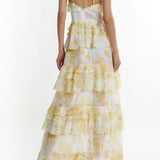 True Decadence Sophia Plunge Front Tiered Ruffle Maxi Dress - Yellow Watercolour Floral