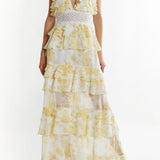 True Decadence Sophia Plunge Front Tiered Ruffle Maxi Dress - Yellow Watercolour Floral