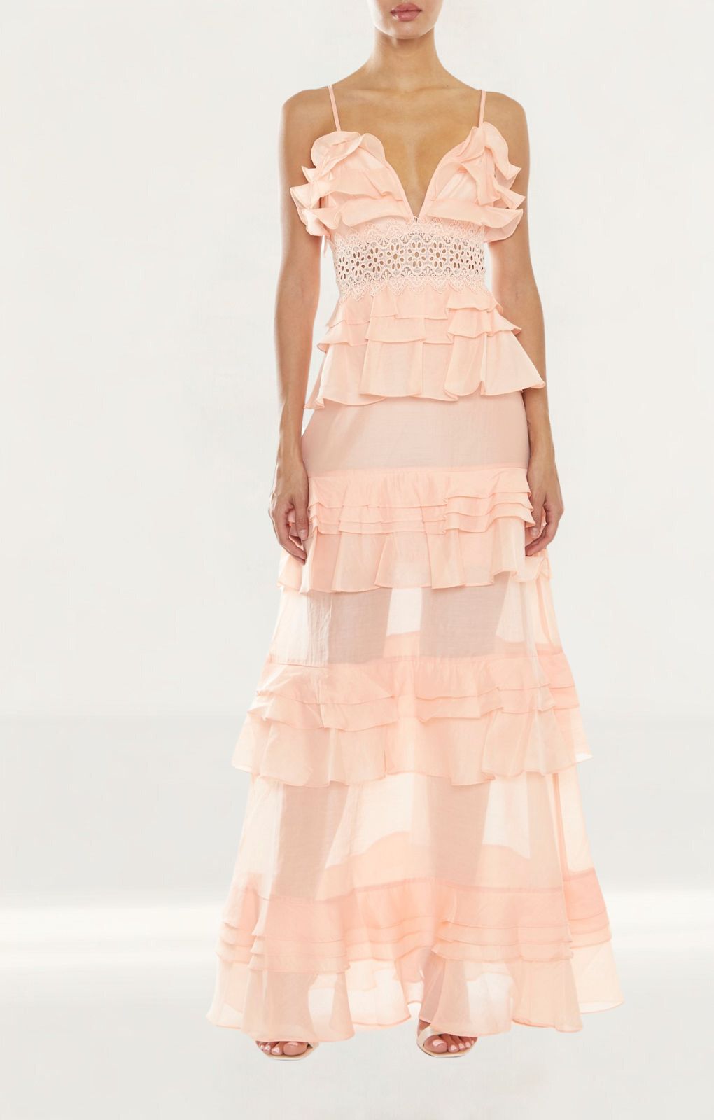 true decadence pink dress True Decadence Plunge Front Tiered Ruffle Maxi Dress In Pink